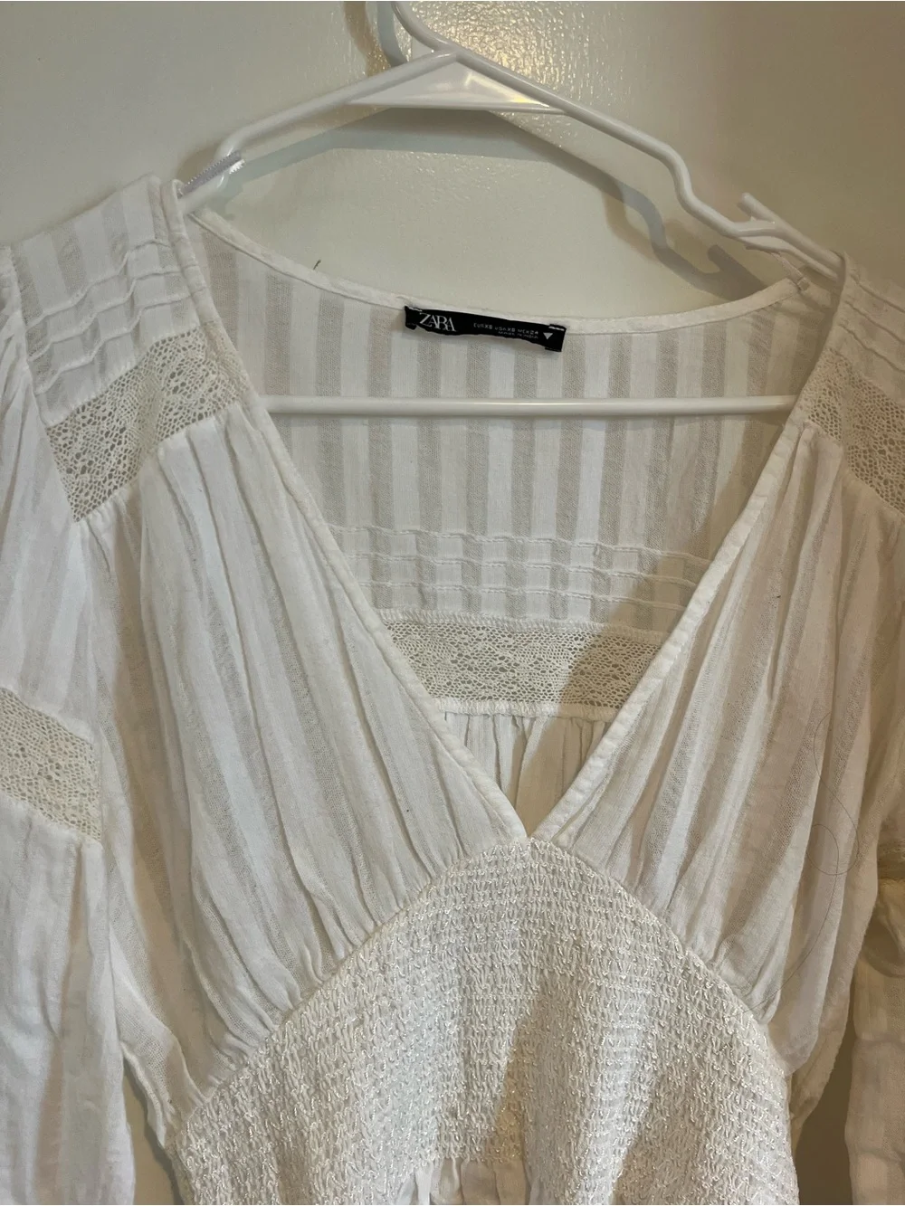 Zara White Cropped V-Neck Smocked Peasant Blouse